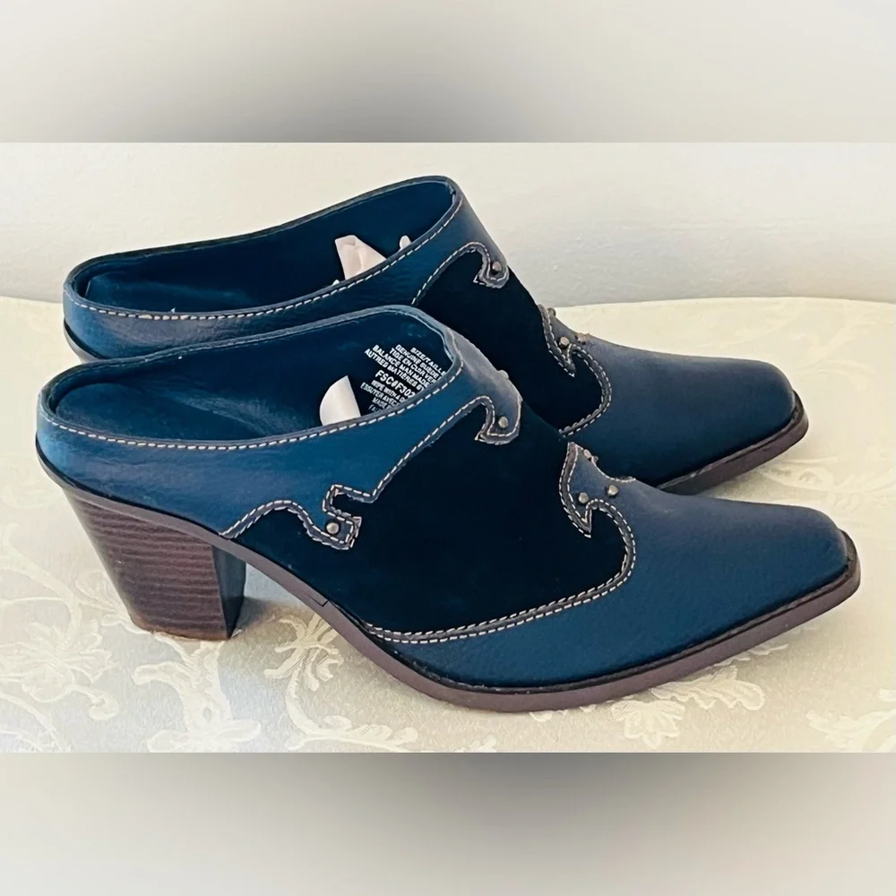 Women’s Retro Style Blue Suede And Leather Western Mules With 3” Heel Size 7 - Picture 2 of 11